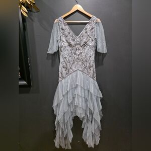 BABEYOND 1920s Irregular Ruffle Hem Evening Gown Romantic Silver Gray 8 NWT